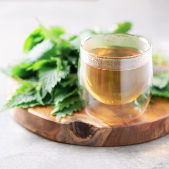 Cup of healthy herbal tea with nettle. Alternative herbal medicine. Stinging nettles, urtica. Skin allergy care. Fresh stinging nettles on grey background